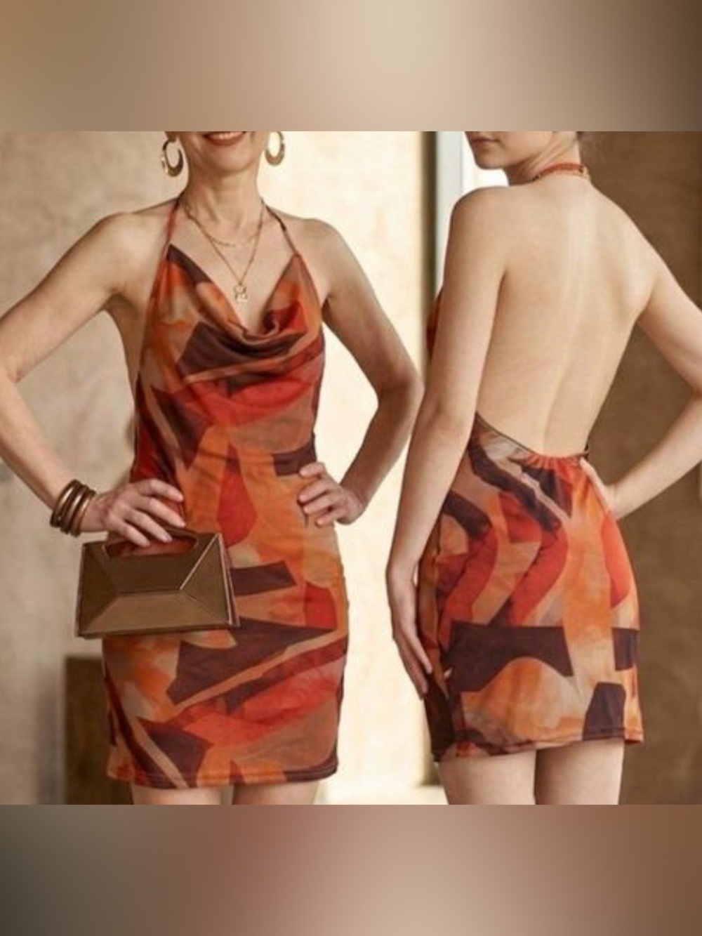 PrettyLittleThing Halter Mini Dress in Brown and Orange Abstract Print